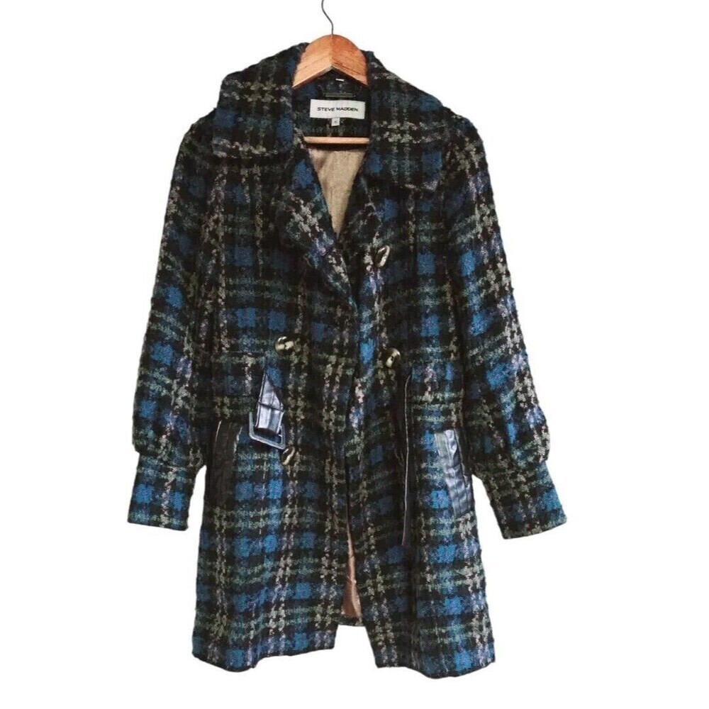 Steve Madden Plaid Tweed Jacket Women Small Blue Green Belted Faux Leather Trim